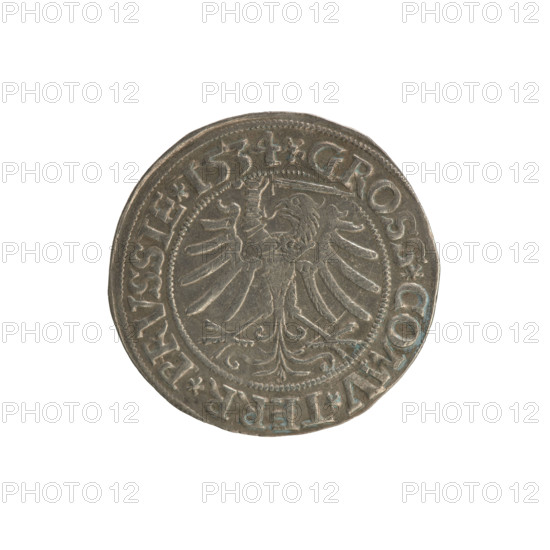 Prussian grosz, Sigismund I the Old (King of Poland; 1506–1548). Silver coin (grosz), 1534, Torun, Poland. Obverse: Crowned male/royal bust in profile facing right; rim between pearl borders inscribed '.SIGIS.I.REX.PO.DO.TOCI.PRVSS Rw.' Reverse: Eagle of Royal Prussia; rim between pearl borders inscribed '.GROSS.COMV.TERR.PRVSSIE.1534'. Subjects/themes: Polish coins, Jagiellon dynasty, coats of arms, eagles, royal/male bust, iconography of Sigismund I the Old.