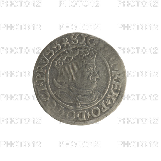 Prussian grosz, Sigismund I the Old (King of Poland; 1506–1548). Silver coin (grosz), 1534, Torun, Poland. Obverse: Crowned male bust of the king in profile turned to the right; in the rim between pearl borders an inscription: .SIG. .I.REX.PO.DO.TOCI.PRVSS. Reverse: The Eagle of Royal Prussia; in the rim between the pearl borders the inscription: .GROSS. V.TERR.PRVSSIE.1534.