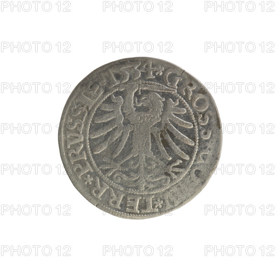 Prussian grosz, Sigismund I the Old (King of Poland; 1506–1548). Silver coin (grosz), 1534, Torun, Poland. Obverse: Crowned male bust in profile turned to the right; in the rim between pearl borders an inscription: .SIG. .I.REX.PO.DO.TOCI.PRVSS Rv: The Eagle of Royal Prussia; in the rim between the pearl borders the inscription: .GROSS. V.TERR.PRVSSIE. Subjects: Polish coins; Jagiellon dynasty; coats of arms; eagles; royal bust; iconography of Sigismund I the Old.