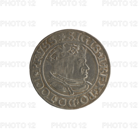 Prussian grosz, Sigismund I the Old (King of Poland; 1506–1548). Polish coin (1534), Torun. Obverse: Crowned male bust in profile turned to the right; in the rim between pearl borders an inscription: .SIGIS.I.REX.PO.DO.TOCI.PRVSS. Reverse: The Eagle of Royal Prussia; in the rim between the pearl borders the inscription: .GROSS.COMV.TERR.PRVSSIE.1534. Subjects/themes: Jagiellons (dynasty), coats of arms, eagles, male/royal bust; iconography of Sigismund I the Old. Materials: coin.