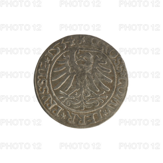 Prussian grosz, Sigismund I the Old (King of Poland; 1506–1548). Polish coin (Jagiellon dynasty). Obverse: Crowned male bust in profile to the right; in the rim between pearl borders an inscription: .SIGIS.I.REX.PO.DO.TOCI.PRVSS. Reverse: The Eagle of Royal Prussia; in the rim between the pearl borders the inscription: .GROSS.COMV.TERR.PRVSSIE.1534. Date: 1534. Place: Torun, Poland.
