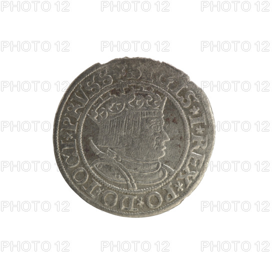Prussian grosz, Sigismund I the Old (King of Poland; 1506–1548). Polish coin, Jagiellon dynasty. Obverse: Crowned male bust in profile turned to the right; in the rim between pearl borders an inscription: ., IS.I.REX.PO.DO.TOCI.PRVSS. Reverse: The Eagle of Royal Prussia; in the rim between the pearl borders the inscription: GR, .COMV.TERR.PRVSSIE. 1534. Torun, Poland.