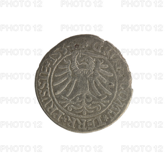 Prussian grosz, Sigismund I the Old (King of Poland; reign 1506–1548). Silver coin (grosz), 1534, struck in Torun, Poland. Obverse: crowned male bust in profile facing right; in rim between pearl borders an inscription: 'IS. I. REX. PO. DO. TOCI. PRVSS' (variant). Reverse: the Eagle of Royal Prussia; in rim between pearl borders the inscription: 'GR. COMV. TERR. PRVSSIE. 1534'. Iconography: royal busts, coats of arms, eagles.