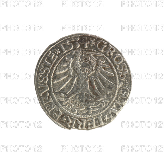 Prussian grosz, Sigismund I the Old (King of Poland; 1506–1548). Silver coin (grosz), 1534, Torun, Poland. Obverse: Crowned male royal bust in profile right with rim inscription '.SIGIS.I.REX.PO.DO.TOCI.PRVSS'. Reverse: Eagle of Royal Prussia with rim inscription '.GROSS., MV.TERR.PRVSSIE.1534'. Motifs: coats of arms, eagles, royal bust; iconography of Sigismund I the Old.