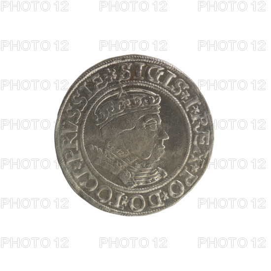 Prussian grosz, Sigismund I the Old (King of Poland; 1506–1548). Silver coin (grosz), 1534, Torun, Poland. Obverse: Crowned male bust in profile turned to the right; in the rim between pearl borders an inscription: .SIGIS.I.REX.PO.DO.TOCI.PRVSSIE. Reverse: The Eagle of Royal Prussia; in the rim between the pearl borders the inscription: .GROSS.COMV.TERR.PRVSSIE. Subjects and motifs: Jagiellonian dynasty, coats of arms, eagles, male/royal bust; iconography of Sigismund I the Old.