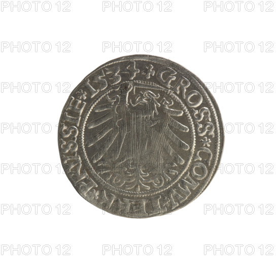 Prussian grosz, Sigismund I the Old (King of Poland; 1506–1548); Polish coin of the Jagiellonian dynasty. Obverse: crowned male bust in profile turned right; in the rim between pearl borders an inscription: .SIGIS.I.REX.PO.DO.TOCI.PRVSSIE. Reverse: the Eagle of Royal Prussia; in the rim between the pearl borders the inscription: .GROSS.COMV.TERR.PRVSSIE.1534. Minted 1534, Torun, Poland.