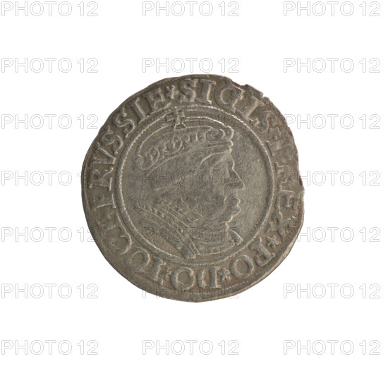 Prussian grosz, Sigismund I the Old (King of Poland; 1506–1548). Polish coin (Jagiellonian dynasty). Obverse: Crowned male royal bust in profile turned to the right; in the rim between pearl borders an inscription: .SIGIS.I.REX.PO.DO.TOCI.PRVSSIE. Reverse: The Eagle of Royal Prussia; in the rim between the pearl borders the inscription: .GROSS.COMV.TERR.PRVSSIE. Date: 1534. Mint: Torun, Poland.