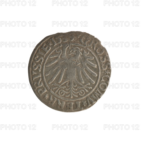Prussian grosz, Sigismund I the Old (King of Poland; 1506–1548); Polish coin, Jagiellonian dynasty. Obverse: Crowned male bust in profile to the right; in rim between pearl borders inscription: .SIGIS.I.REX.PO.DO.TOCI.PRVSSIE. Reverse: The Eagle of Royal Prussia; in rim between pearl borders inscription: .GROSS.COMV.TERR.PRVSSIE. Date: 1534. Place: Torun, Poland.
