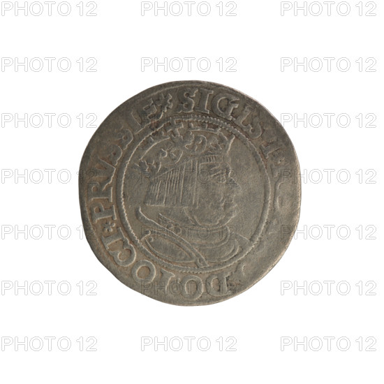 Prussian grosz, Sigismund I the Old (King of Poland; 1506–1548), 1534, Torun, Poland. Silver coin (grosz). Obverse: Crowned royal male bust in profile to the right; rim between pearl borders inscribed '.SIGIS.I., .DO.TOCI.PRVSSIE'. Reverse: The Eagle of Royal Prussia; rim between pearl borders inscribed '.GROSS., .TERR.PRVSS'. Iconography includes coats of arms, eagles, and royal/male bust of Sigismund I the Old.