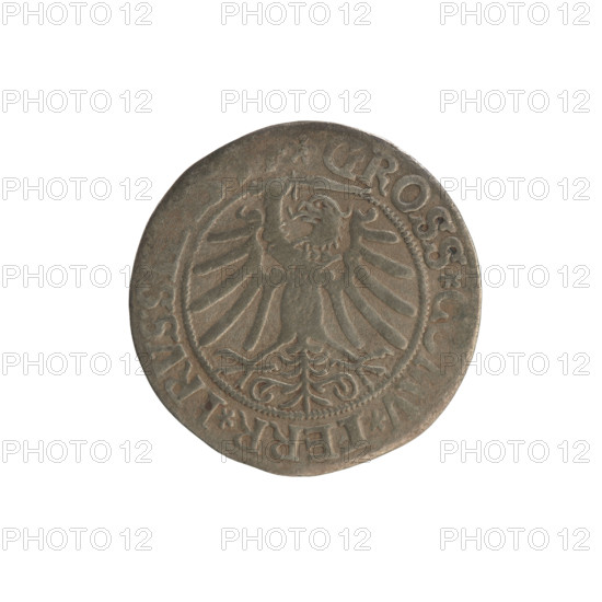 Prussian grosz, Sigismund I the Old (King of Poland; 1506–1548); Polish coin, Jagiellon dynasty; 1534, Torun, Poland. Obverse: Crowned male bust in profile turned to the right, rim between pearl borders with inscription '.SIGIS.I., .DO.TOCI.PRVSSIE'. Reverse: The Eagle of Royal Prussia, rim between pearl borders with inscription '.GROSS., .TERR.PRVSS'. Icons: coats of arms, eagles, royal/ male bust; style/iconography of Sigismund I the Old.