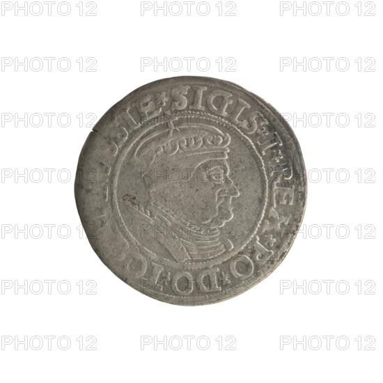 Prussian grosz, Sigismund I the Old (King of Poland; 1506–1548). Polish coin (1534), Jagiellon dynasty. Obverse: Crowned male bust in profile turned to the right; rim between pearly borders with inscription '.SIGIS.I.REX.PO.DO.TO'. Reverse: The Eagle of Royal Prussia; rim between pearly borders with inscription '.SS.COMV.TERR.PRVSSIE.1534'. Torun, Poland.