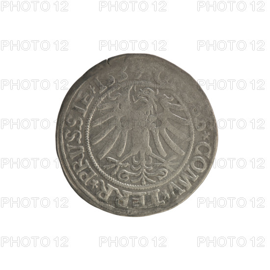 Prussian grosz, Sigismund I the Old (King of Poland; 1506–1548), Polish coin, Jagiellon dynasty; motifs: coats of arms, eagles, male/royal bust; iconography of Sigismund I the Old (1467–1548). Obverse: Crowned male bust in profile turned to the right; in the rim between pearly borders an inscription: .SIGIS.I.REX.PO.DO.TO, SIE Rw. Reverse: The Eagle of Royal Prussia; in the rim between the pearl borders the inscription: ., SS.COMV.TERR.PRVSSIE. 1534. Torun, Poland; coin dated 1534.