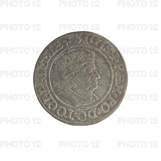 Prussian grosz, Sigismund I the Old (King of Poland; 1506–1548). Coin (1534). Obverse: crowned male bust in profile turned to the right; in the rim between pearl borders the inscription '.SIGIS.I.REX.PO.DO.TOCI.PRVSSIE'. Reverse: the Eagle of Royal Prussia; in the rim between the pearl borders the inscription '.GROSS.COMV.TERR.PRVSSIE.1534'. Features: Polish/Jagiellonian dynasty, coats of arms, eagles, royal bust; Torun, Poland.