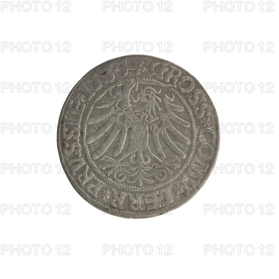 Prussian grosz, Sigismund I the Old (King of Poland; 1506–1548). Copper coin (grosz), 1534, Torun, Poland. Obverse: Crowned male bust in profile turned to the right; in the rim between pearl borders an inscription: .SIGIS.I.REX.PO.DO.TOCI.PRVSSIE. Reverse: The Eagle of Royal Prussia; in the rim between the pearl borders the inscription: .GROSS.COMV.TERR.PRVSSIE. Subjects/features: Polish coins; Jagiellonians (dynasty); coats of arms; eagles; male/royal bust; iconography of Sigismund I the Old (1467–1548).