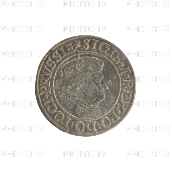 Prussian grosz, Sigismund I the Old (King of Poland; 1506–1548). Polish coin, Jagiellonian dynasty. Obverse: Crowned male bust in profile turned to the right; in the rim between pearl borders an inscription: .SIGIS.I.REX.PO.DO.TOCI.PRVSSIE. Reverse: The Eagle of Royal Prussia; in the rim between the pearl borders the inscription: .GROSS.COMV.TERR.PRVSSIE. Dated 1534, Torun, Poland.