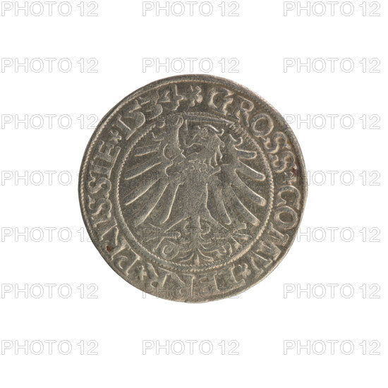 Prussian grosz, Sigismund I the Old (King of Poland; 1506–1548). Silver coin (grosz), 1534. Obverse: Crowned male royal bust in profile facing right; rim inscription: .SIGIS.I.REX.PO.DO.TOCI.PRVSSIE. Reverse: Eagle of Royal Prussia; rim inscription: .GROSS.COMV.TERR.PRVSSIE. Features coats of arms/eagle iconography and royal bust; Torun, Poland.