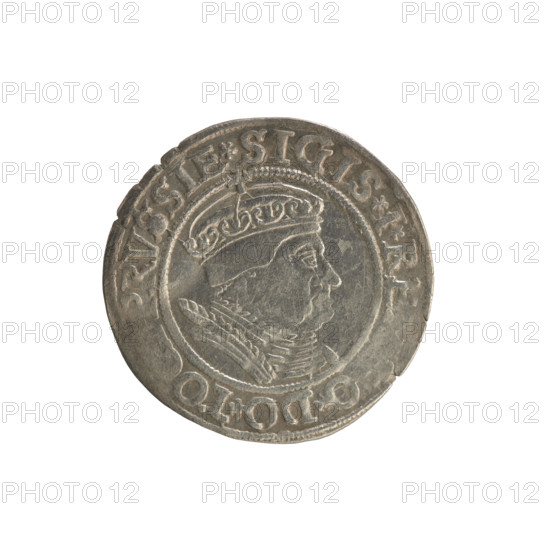 Prussian grosz, Sigismund I the Old (King of Poland; 1506–1548). Silver coin (grosz), 1534, Torun, Poland. Obverse: Crowned male bust in profile turned to the right; in the rim between pearly borders the inscription '.SIGIS.I.RE, O.DO.TO, PRV, SIE Rw.' Reverse: The Eagle of Royal Prussia; in the rim between the pearl borders the inscription '.GROSS.COMV.T, R.PRVSS, 34, 1534.' Subjects/styles: Polish coin, Jagiellonian dynasty iconography, coats of arms/eagle, royal male bust; inscriptions present.