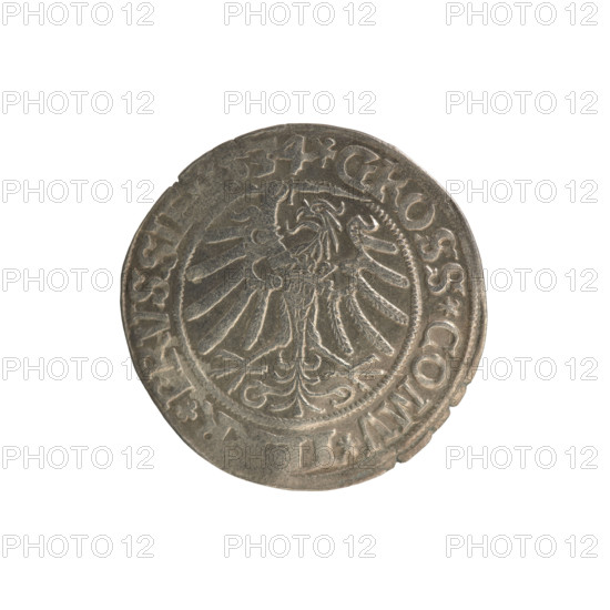 Prussian grosz, Sigismund I the Old (King of Poland; 1506–1548). Silver coin (grosz), 1534, Torun, Poland. Obverse: crowned male bust in profile turned to the right; in the rim between pearly borders an inscription: .SIGIS.I.RE, O.DO.TO, PRV, SIE Rw. Reverse: the Eagle of Royal Prussia; in the rim between the pearl borders the inscription: .GROSS.COMV.T, R.PRVSS, 34. Iconography: royal bust, coats of arms, eagles; associated with the Jagiellonian dynasty.