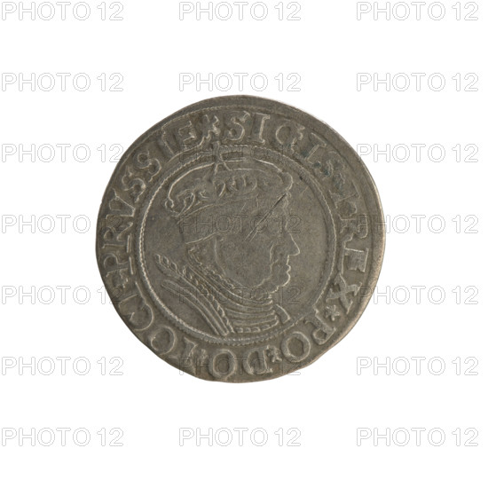 Prussian grosz, Sigismund I the Old (King of Poland; 1506–1548); Polish coin, Jagiellonian dynasty. Obverse: Crowned male bust in profile turned to the right; in the rim between pearl borders an inscription: .SIGIS.I.REX.PO.DO.TOCI.PRVSSIE. Reverse: The Eagle of Royal Prussia; in the rim between the pearl borders the inscription: .GROSS.COMV.TERR.PRVSSIE. Dated 1534, Torun, Poland.