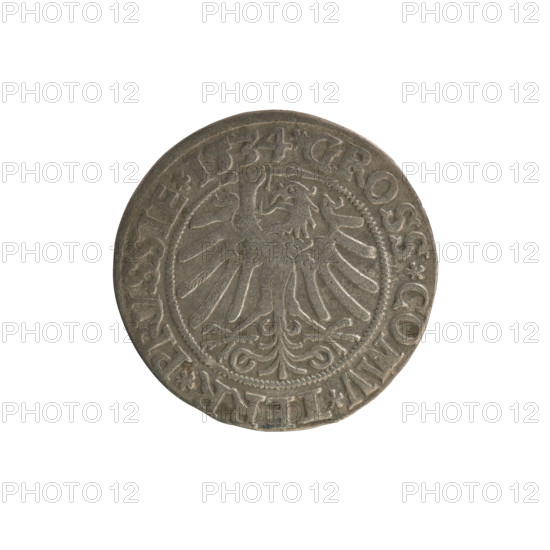Prussian grosz, Sigismund I the Old (King of Poland; 1506–1548); Polish coin, Jagiellonian dynasty. Obverse: Crowned male bust in profile facing right; in rim between pearl borders: .SIGIS.I.REX.PO.DO.TOCI.PRVSSIE. Reverse: The Eagle of Royal Prussia; in rim between pearl borders: .GROSS.COMV.TERR.PRVSSIE. 1534. Torun, Poland.