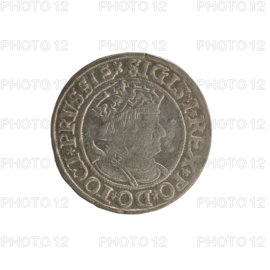 Prussian grosz, Sigismund I the Old (King of Poland; 1506–1548). Polish coin (1534), Jagiellonian dynasty. Obverse: Crowned male bust in profile turned to the right; in the rim between pearl borders the inscription '.SIGIS.I.REX.PO.DO.TOCI.PRVSSIE'. Reverse: The Eagle of Royal Prussia; in the rim between the pearl borders the inscription '.GROSS.COMV.TERR.PRVSSIE.1534'. Torun, Poland.