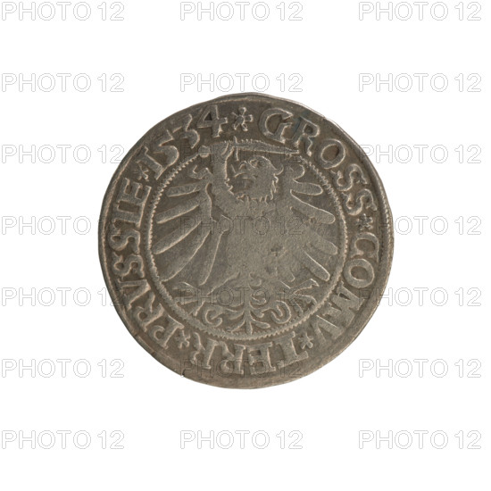 Prussian grosz, Sigismund I the Old (King of Poland; 1506–1548). Silver coin (grosz), 1534, Torun, Poland. Obverse: crowned male bust in profile facing right; in the rim between pearl borders the inscription 'SIGIS.I.REX.PO.DO.TOCI.PRVSSIE'. Reverse: the Eagle of Royal Prussia; in the rim between the pearl borders the inscription 'GROSS.COMV.TERR.PRVSSIE.1534'. Subjects/styles: Jagiellonian dynasty, coats of arms, eagles, royal bust; iconography of Sigismund I the Old.
