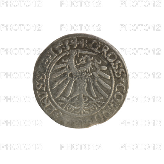 Prussian grosz, Sigismund I the Old (King of Poland; 1506–1548). Obverse: Crowned male bust in profile turned to the right, in the rim between pearly borders an inscription: .SIGIS.I.REX.PO.DO. Reverse: The Eagle of Royal Prussia, in the rim between the pearl borders the inscription: .GROSS.COMV. .PRVSSIE.1534. 1534. Poland, Torun. Subjects: Polish coins; Jagiellonians (dynasty); coats of arms; eagles; royal bust; iconography of Sigismund I the Old. Materials/format: coin.