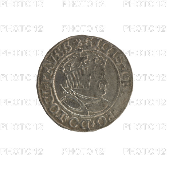 Prussian grosz, Sigismund I the Old (King of Poland; 1506–1548), Polish coin (1534), Jagiellon dynasty; obverse: crowned male bust in profile facing right with inscription in rim between pearl borders '.SIGIS.IR .PO.DO.TOCI.PRVSS'; reverse: the Eagle of Royal Prussia with inscription in rim between pearl borders '.GROSS.COMV.TERR.P SIE.1534'; silver coin, Torun, Poland.
