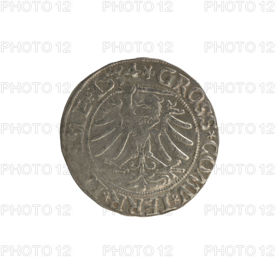 Prussian grosz, Sigismund I the Old (King of Poland; 1506–1548); Polish coin (1534), Jagiellon dynasty. Obverse: Crowned male bust in profile turned to the right; rim between pearl borders inscribed '.SIGIS.IR .PO.DO.TOCI.PRVSS'. Reverse: The Eagle of Royal Prussia; rim between pearl borders inscribed '.GROSS.COMV.TERR.P SIE.1534'. Minted in Torun, Poland.