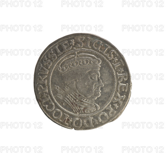 Prussian grosz, Sigismund I the Old (King of Poland; 1506–1548). Polish coin (1534), Jagiellonian dynasty. Obverse: crowned male bust in profile turned to the right; in the rim between pearl borders an inscription: .SIGIS.I.REX.PO.DO.TOCI.PRVSSIE. Reverse: the Eagle of Royal Prussia; in the rim between the pearl borders the inscription: .GROSS.COMV.TERR.PRVSSIE. 1534. Minted in Torun, Poland.