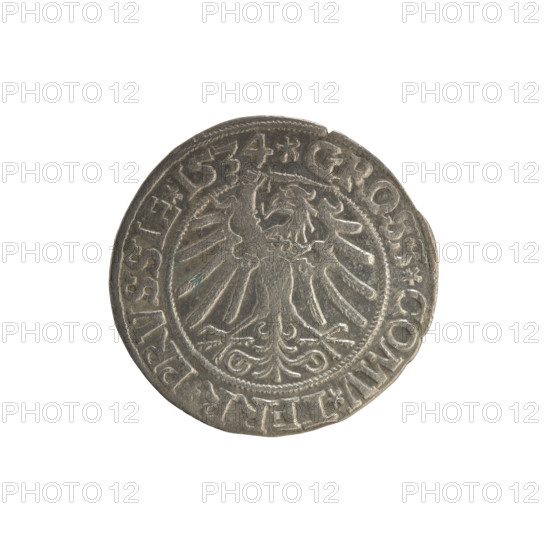 Prussian grosz, Sigismund I the Old (King of Poland; 1506–1548). Silver coin (grosz), 1534, Torun, Poland. Obverse: Crowned male bust in profile facing right; rim between pearl borders inscribed '.SIGIS.I.REX.PO.DO.TOCI.PRVSSIE'. Reverse: The Eagle of Royal Prussia; rim between pearl borders inscribed '.GROSS.COMV.TERR.PRVSSIE.1534'. Iconography: coats of arms, eagles, royal bust; Jagiellonian dynasty; inscriptions as above.