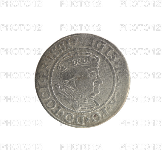 Prussian grosz, Sigismund I the Old (King of Poland; 1506–1548). Polish coin (1534). Jagiellonian dynasty. Obverse: Crowned male royal bust in profile right with rim inscription: GIS. PO. DO. TOCI. PRVSSI. Reverse: The Eagle of Royal Prussia with rim inscription: COMV. TERR. RVSSIE. Marked 1534. Minted in Torun, Poland. Subjects: coats of arms, eagles, male/royal bust; iconography of Sigismund I the Old.