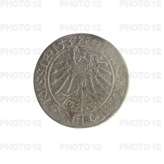 Prussian grosz, Sigismund I the Old (King of Poland; 1506–1548). Coin (1534, Torun, Poland). Obverse: Crowned male bust in profile turned to the right; rim between pearl borders with inscription 'GIS. PO.DO.TOCI.PRVSSI'. Reverse: The Eagle of Royal Prussia; rim between pearl borders with inscription 'COMV.TERR.RVSSIE.1534'. Motifs: coats of arms, eagles, royal bust; iconography of Sigismund I the Old.