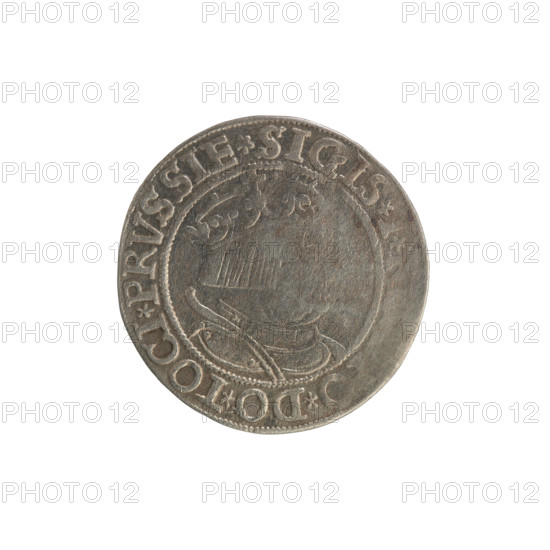 Prussian grosz of Sigismund I the Old (King of Poland; 1506–1548), 1534. Obverse: Crowned male bust in profile turned to the right; rim inscription: .SIGIS.I., O.DO.TOCI.PRVSSIE. Reverse: The Eagle of Royal Prussia; rim inscription: .GROSS.COMV.TERR.P. Polish coin, Torun.