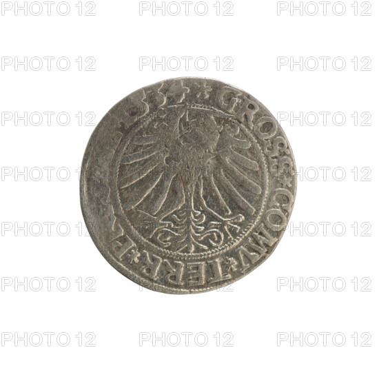 Prussian grosz, Sigismund I the Old (King of Poland; 1506–1548). Obverse: Crowned male bust in profile turned to the right, in the rim between pearl borders an inscription: .SIGIS.I., O.DO.TOCI.PRVSSIE. Reverse: The Eagle of Royal Prussia, in the rim between the pearl borders the inscription: .GROSS.COMV.TERR.P. 1534. Poland, Torun. Subjects: Polish coins; Jagiellon dynasty; coats of arms; eagles; royal bust; iconography of Sigismund I the Old. Materials: coin.