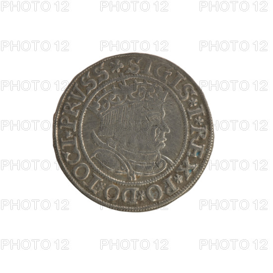 Prussian grosz, Sigismund I the Old (King of Poland; 1506–1548), Polish coin, Jagiellon dynasty; coats of arms, eagles, male royal bust; obverse: crowned male bust in profile facing right, rim between pearl borders with inscription '.SIGIS.I.REX.PO.DO.TOCI.PRVSS Rw.'; reverse: the Eagle of Royal Prussia, rim between pearl borders with inscription '.GROSS.COMV.TERR.PRVSSIE.1534'; 1534; Poland, Torun.