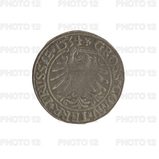 Prussian grosz, Sigismund I the Old (King of Poland; 1506–1548). Silver coin (grosz), 1534, Torun, Poland. Obverse: Crowned male royal bust in profile facing right; rim inscription between pearl borders: .SIGIS.I.REX.PO.DO.TOCI.PRVSS. Reverse: The Eagle of Royal Prussia; rim inscription between pearl borders: .GROSS.COMV.TERR.PRVSSIE.