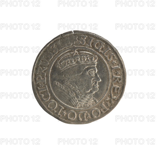 Prussian grosz, Sigismund I the Old (King of Poland; 1506–1548). Polish coin (Jagiellonian dynasty). Obverse: Crowned male bust in profile turned to the right; in the rim between pearly borders an inscription: .SIGIS.I.REX.PO.DO.TOCI.PR. Reverse: The Eagle of Royal Prussia; in the rim between the pearl borders the inscription: .GROSS.COMV.TERR.PRVSSIE.1534. Dated 1534. Torun, Poland.