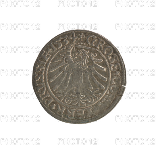 Prussian grosz, Sigismund I the Old (King of Poland; 1506–1548). Obverse: Crowned male bust in profile turned to the right; rim between pearly borders inscribed '.SIGIS.I.REX.PO.DO.TOCI.PR'. Reverse: The Eagle of Royal Prussia; rim between pearly borders inscribed '.GROSS.COMV.TERR.PRVSSIE.1534'. Dated 1534. Poland, Torun. Subjects: Polish coins; Jagiellonians (dynasty); coats of arms; eagles; royal bust; Sigismund I the Old — iconography. Materials/function: coin.
