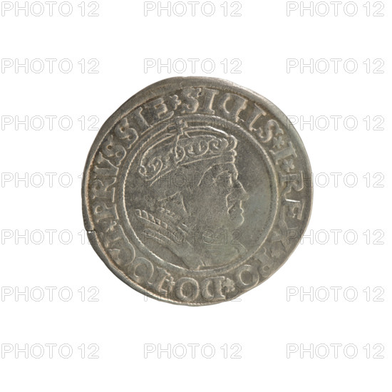 Prussian grosz, Sigismund I the Old (King of Poland; 1506–1548). Silver coin (grosz), 1534, Torun, Poland. Obverse: Crowned male (royal) bust in profile facing right; in the rim between pearl borders the inscription: .SIGIS.I.REX.PO.DO.TOCI.PRVSSIE. Reverse: The Eagle of Royal Prussia; in the rim between the pearl borders the inscription: .GROSS.COMV.TERR.PRVSSIE. Features coats of arms, eagles; iconography related to Sigismund I the Old and the Jagiellonian dynasty.
