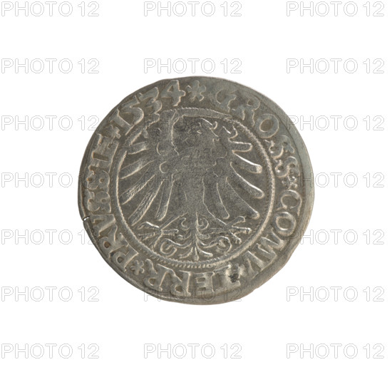 Prussian grosz, Sigismund I the Old (King of Poland; 1506–1548); Polish coin, Jagiellonian dynasty. Obverse: Crowned male bust in profile turned to the right; in the rim between pearl borders an inscription: .SIGIS.I.REX.PO.DO.TOCI.PRVSSIE. Reverse: The Eagle of Royal Prussia; in the rim between the pearl borders the inscription: .GROSS.COMV.TERR.PRVSSIE. Dated 1534. Torun, Poland.