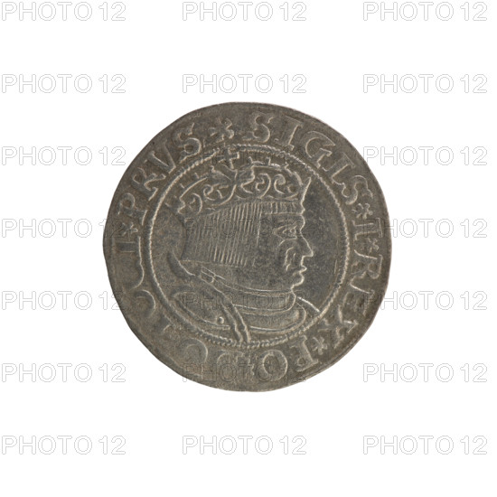 Prussian grosz, Sigismund I the Old (King of Poland; 1506–1548); Polish coin, Jagiellonian dynasty. Obverse: Crowned male bust in profile turned to the right, in the rim between pearly borders an inscription: .SIGIS.I.REX.PO. Reverse: The Eagle of Royal Prussia, in the rim between the pearly borders the inscription: .GROSS.COMV.TERR., 1534. Torun, Poland.