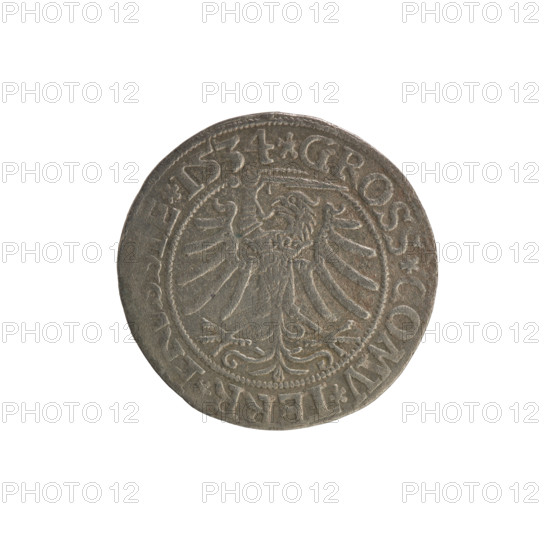 Prussian grosz, Sigismund I the Old (King of Poland; 1506–1548); Polish coin; Jagiellonian dynasty; coats of arms; eagles; Eagle (coat of arms); male bust; royal bust; Sigismund I the Old (1467–1548) — iconography. Obverse: Crowned male bust in profile turned to the right; in the rim between pearly borders an inscription: .SIGIS.I.REX.PO. Reverse: The Eagle of Royal Prussia; in the rim between the pearl borders the inscription: .GROSS.COMV.TERR., IE.1534; date: 1534; Poland, Torun; coin.