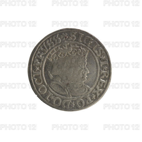 Prussian grosz, Sigismund I the Old (King of Poland; 1506–1548). Obverse: Crowned male bust in profile turned to the right; in the rim between pearl borders an inscription: .SIGIS.I.REX.PO.DO.TOCI.PRVSS Rv.: The Eagle of Royal Prussia; in the rim between the pearl borders the inscription: .GROSS.COMV.TERR.PRVSSIE.1534. 1534. Poland, Torun. Subjects: Polish coins; Jagiellon dynasty; coats of arms; eagles; royal/male bust; iconography of Sigismund I the Old. Materials: coin (metal).
