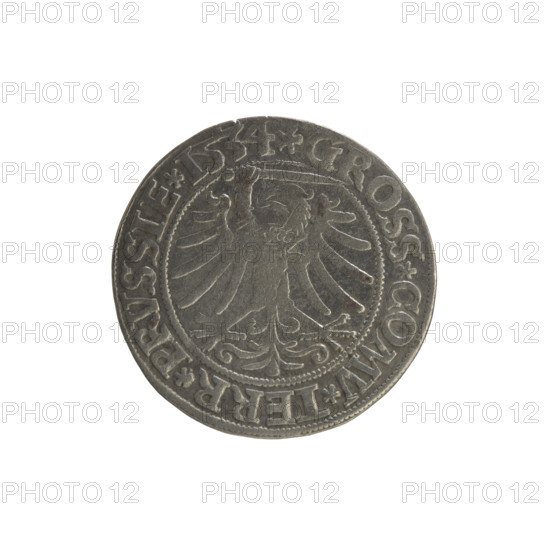 Prussian grosz, Sigismund I the Old (King of Poland; 1506–1548). Obverse: Crowned male bust in profile turned to the right; in the rim between pearl borders an inscription: .SIGIS.I.REX.PO.DO.TOCI.PRVSS Rw. Reverse: The Eagle of Royal Prussia; in the rim between the pearl borders the inscription: .GROSS.COMV.TERR.PRVSSIE.1534. 1534. Poland, Torun. Subjects/icons: Polish coins; Jagiellon dynasty; coats of arms; eagles; royal bust; Sigismund I the Old — iconography. Materials: coin.