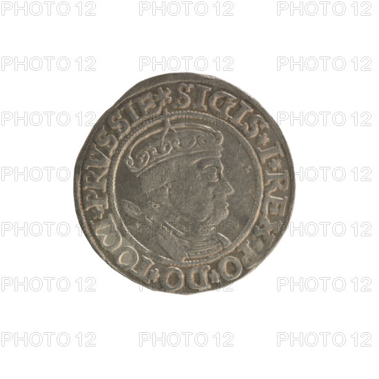 Prussian grosz, Sigismund I the Old (King of Poland; 1506–1548). Polish coin (Jagiellonian dynasty). Obverse: Crowned male bust in profile turned to the right; rim inscription: .SIGIS.I.REX.PO.DO.TOCI.PRVSSIE. Reverse: The Eagle of Royal Prussia; rim inscription: .GROSS.COMV.TERR.PRVSSIE. Date: 1534. Torun, Poland. Features coats of arms, eagles, royal/male bust; iconography of Sigismund I the Old.