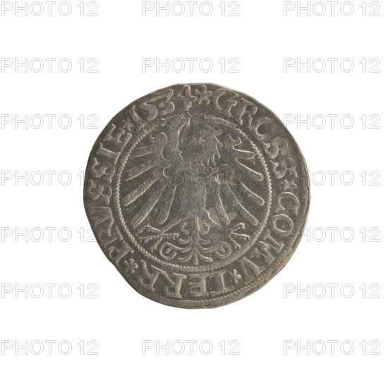 Prussian grosz, Sigismund I the Old (King of Poland; 1506–1548); Polish coin, Jagiellonian dynasty. Obverse: Crowned male bust in profile to the right; in the rim between pearl borders an inscription: .SIGIS.I.REX.PO.DO.TOCI.PRVSSIE. Reverse: The Eagle of Royal Prussia; in the rim between the pearl borders the inscription: .GROSS.COMV.TERR.PRVSSIE. Date: 1534. Place: Torun, Poland.