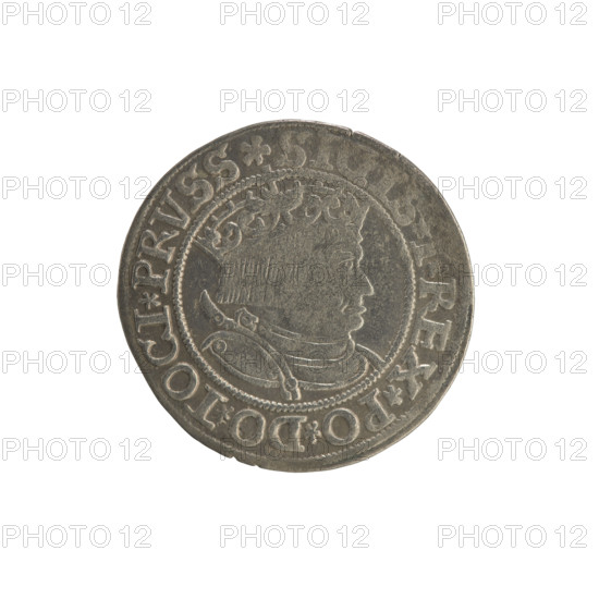 Prussian grosz of Sigismund I the Old (King of Poland; 1506–1548). Obverse: Crowned male bust in profile turned to the right; in the rim between pearl borders the inscription: .SIGIS.I.REX.PO.DO.TOCI.PRVSS. Reverse: The Eagle of Royal Prussia; in the rim between the pearl borders the inscription: .GROSS.COMV., VSSIE.1534. Date: 1534. Place: Torun, Poland. Subjects/styles: Polish coin, Jagiellon dynasty, coats of arms, eagles, royal bust; iconography of Sigismund I the Old.
