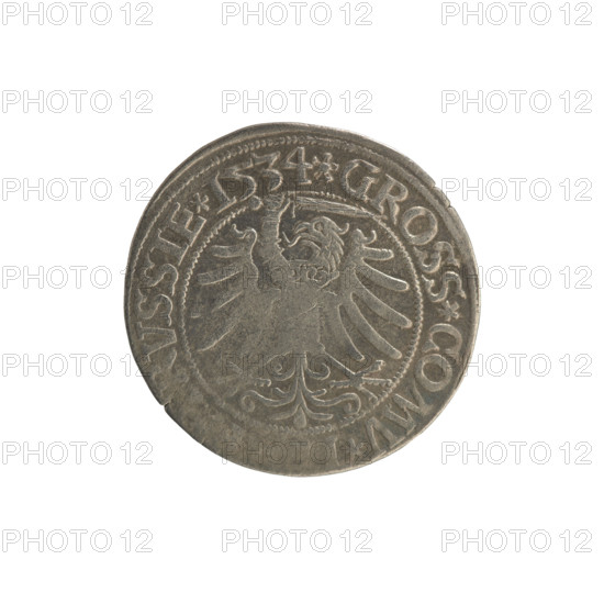 Prussian grosz, Sigismund I the Old (King of Poland; 1506–1548). Silver coin (grosz), 1534, Torun, Poland. Obverse: Crowned male bust in profile turned to the right; in the rim between pearl borders the inscription '.SIGIS.I.REX.PO.DO.TOCI.PRVSS'. Reverse: The Eagle of Royal Prussia; in the rim between the pearl borders the inscription '.GROSS.COMV., VSSIE.1534'. Subjects/themes: Jagiellon dynasty, coats of arms, eagles, royal bust; iconography of Sigismund I the Old.