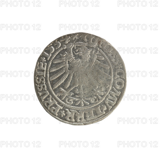 Prussian grosz, Sigismund I the Old (King of Poland; 1506–1548). Silver coin (grosz), 1534, Torun, Poland. Obverse: Crowned male bust in profile turned right; in rim between pearly borders an inscription: .SIGIS., .REX.PO.DO.TOCI.PRVSSIE. Reverse: The Eagle of Royal Prussia; in rim between the pearly borders the inscription: .COMV.TERR.PRVSSIE.